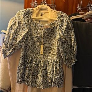 Max Studio Blue and White Floral Smocked Blouse